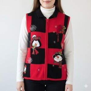 Christmas Patchwork Zip Up Ugly Christmas Sweater Vest 90s Embroidered Size M